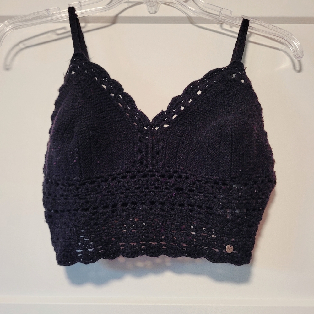 Abercrombie And Fitch Vintage Crocheted Crop Top Sz L Black Hippie Festival Boho